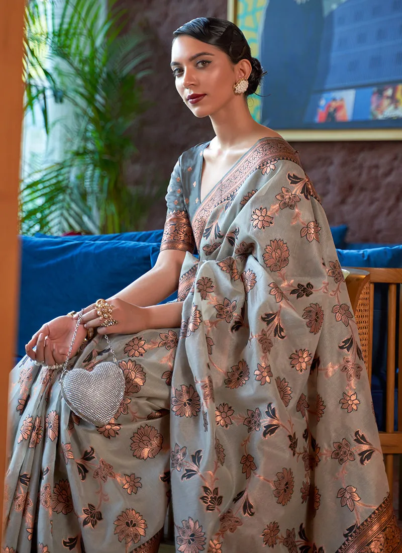 Greyish Green Zari Weaved Jacquard Silk Saree
