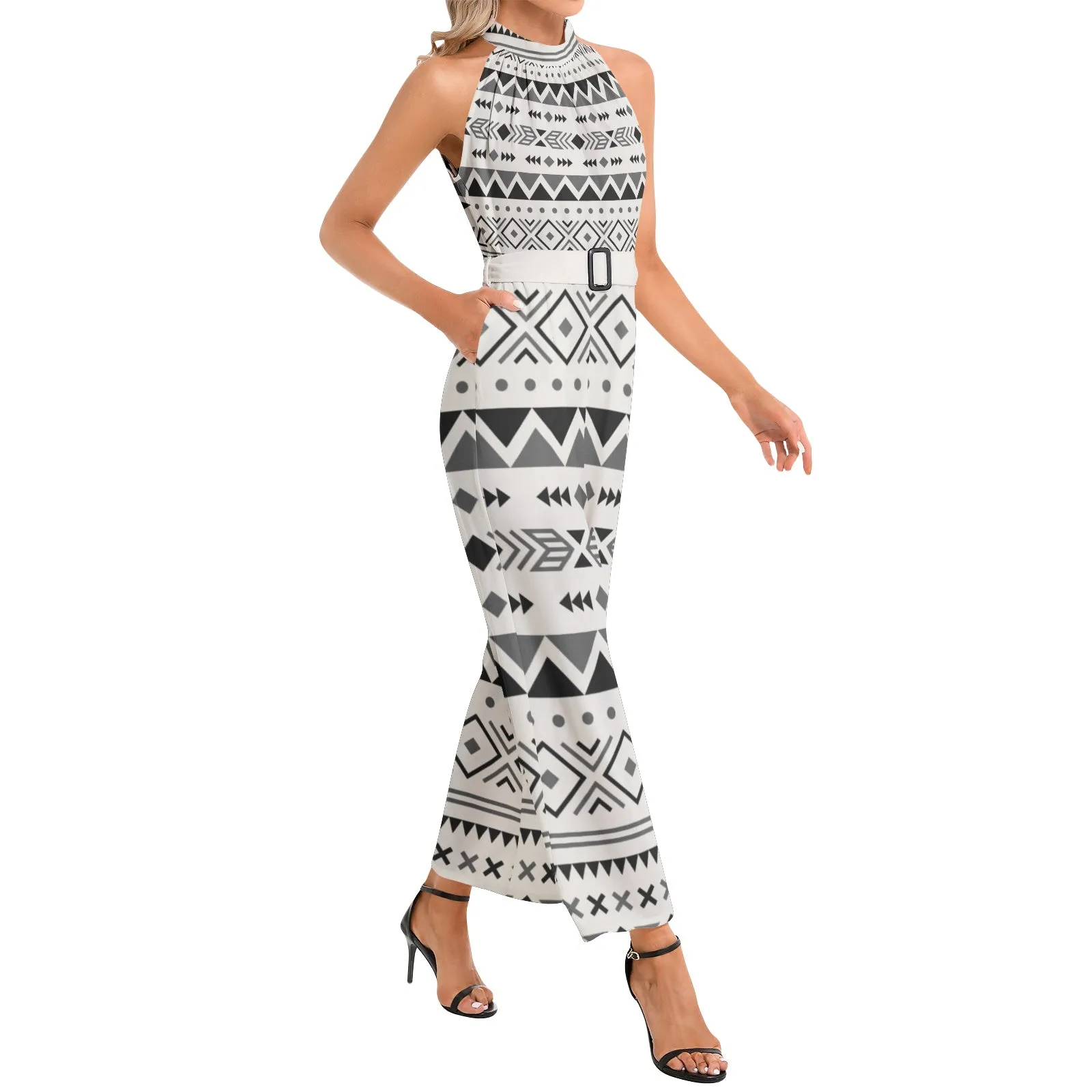 Halter Neck Buckle Belted Jumpsuit Desert Vista Print