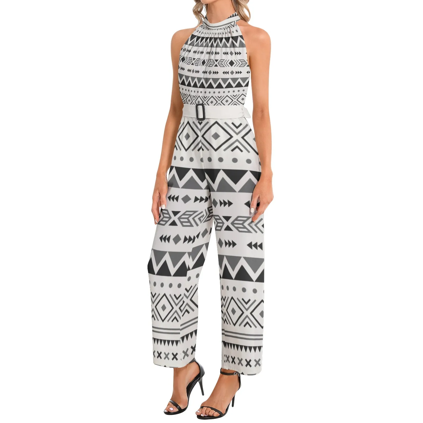 Halter Neck Buckle Belted Jumpsuit Desert Vista Print