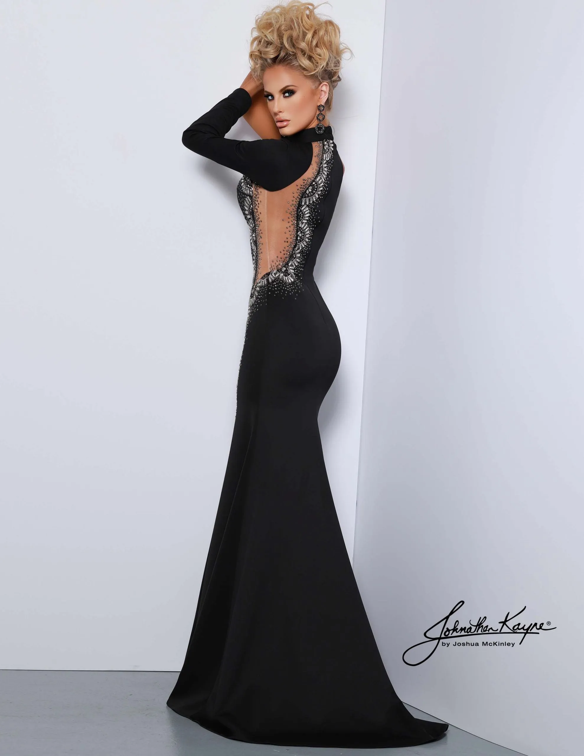 Johnathan Kayne 2421 Size 4 Black Long Sheer One Shoulder Long Sleeve Slit Pageant Dress Formal Gown