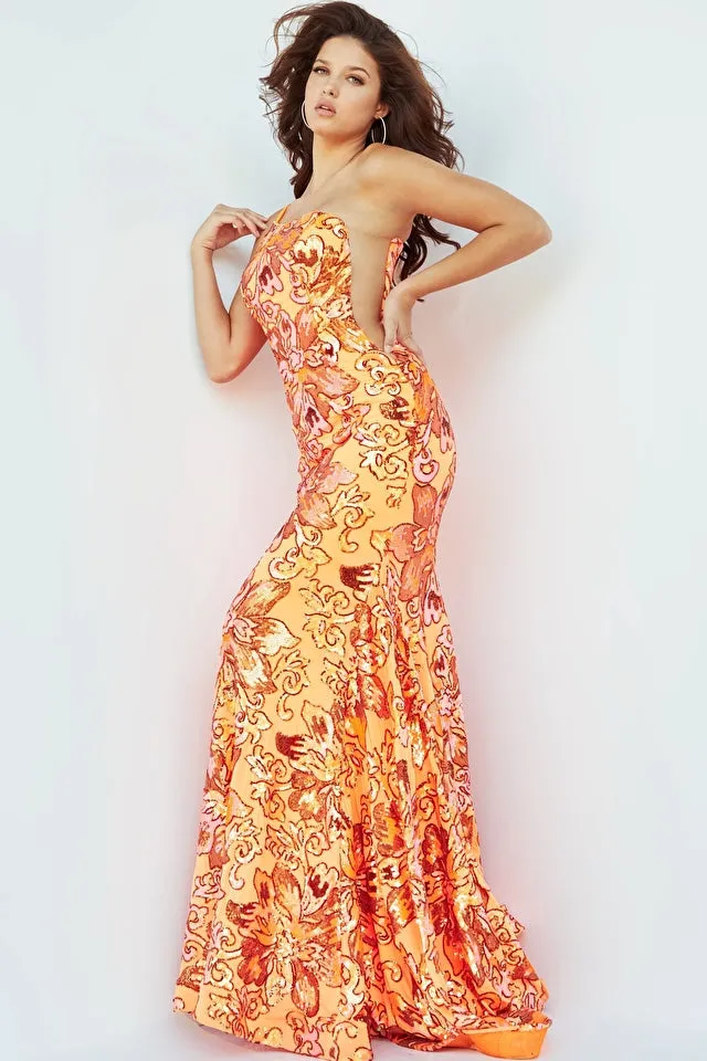 Jovani 08460 Long Fitted One Shoulder Sequin Lace Mermaid Prom Dress Formal Gown