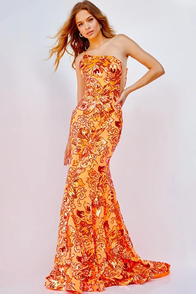Jovani 08460 Long Fitted One Shoulder Sequin Lace Mermaid Prom Dress Formal Gown