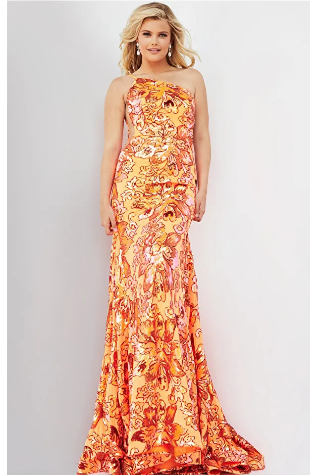Jovani 08460 Long Fitted One Shoulder Sequin Lace Mermaid Prom Dress Formal Gown