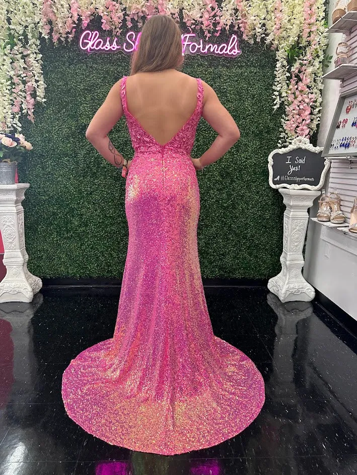 Jovani JVN36580 Size 10 Hot Pink Sheer Lace V Neck Prom Dress Sequin Slit Formal Evening Gown