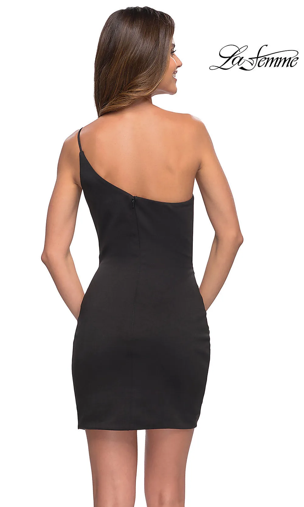 La Femme One-Shoulder Simple Black Party Dress