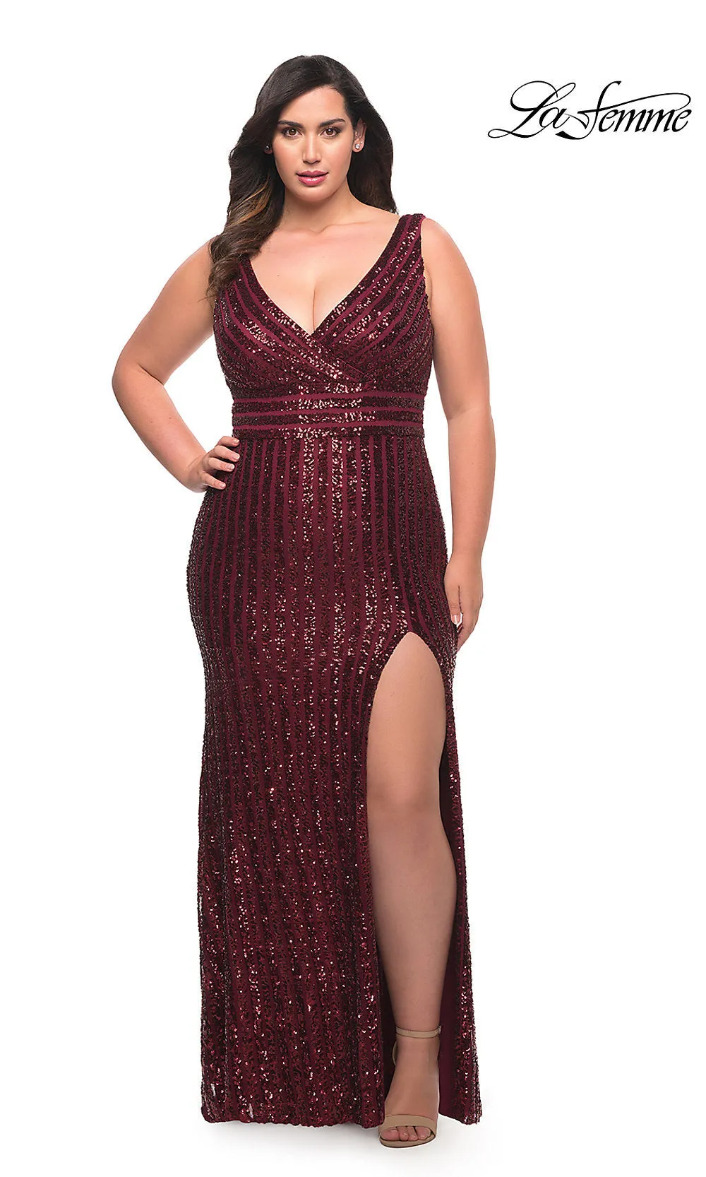 La Femme Striped Sequin Long Plus-Size Prom Dress