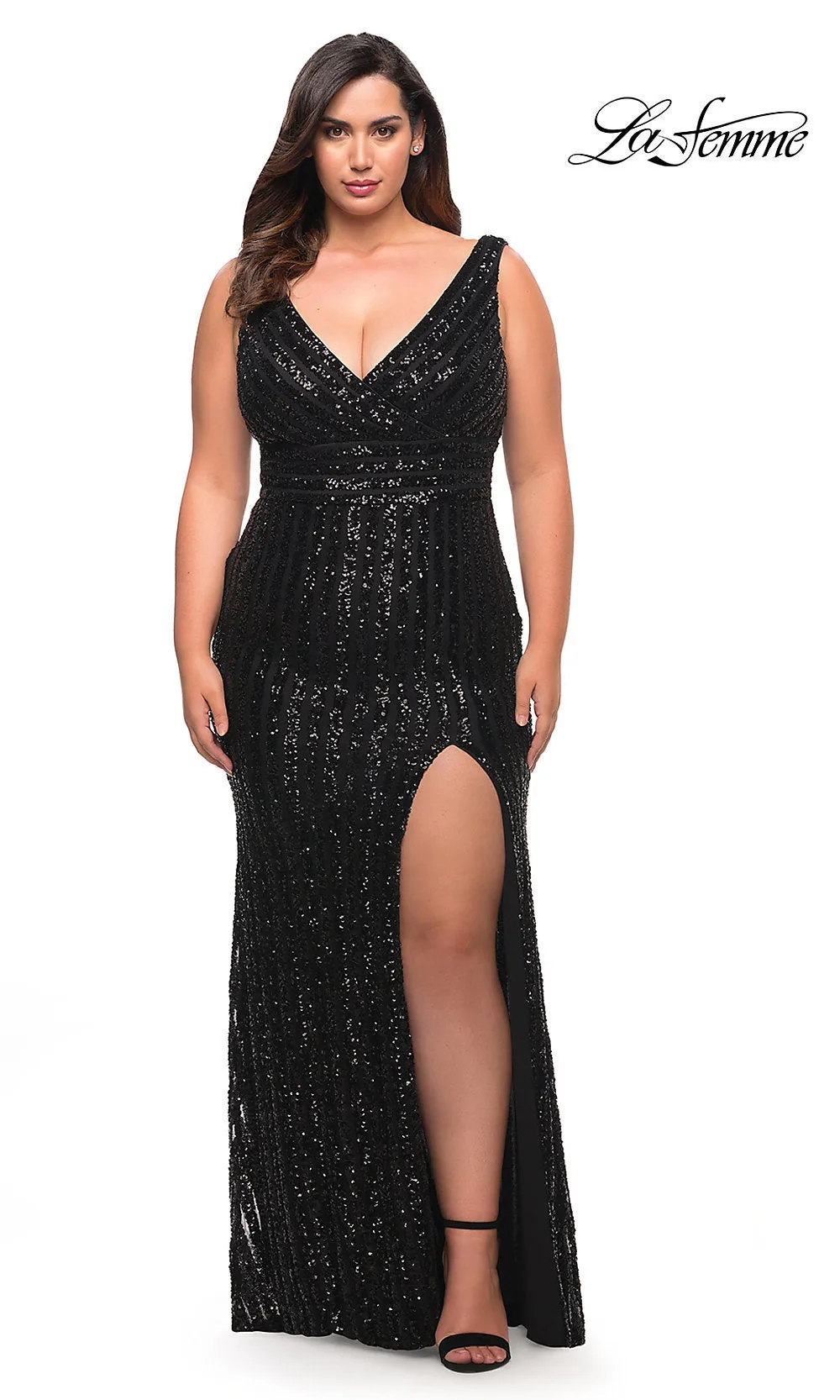 La Femme Striped Sequin Long Plus-Size Prom Dress