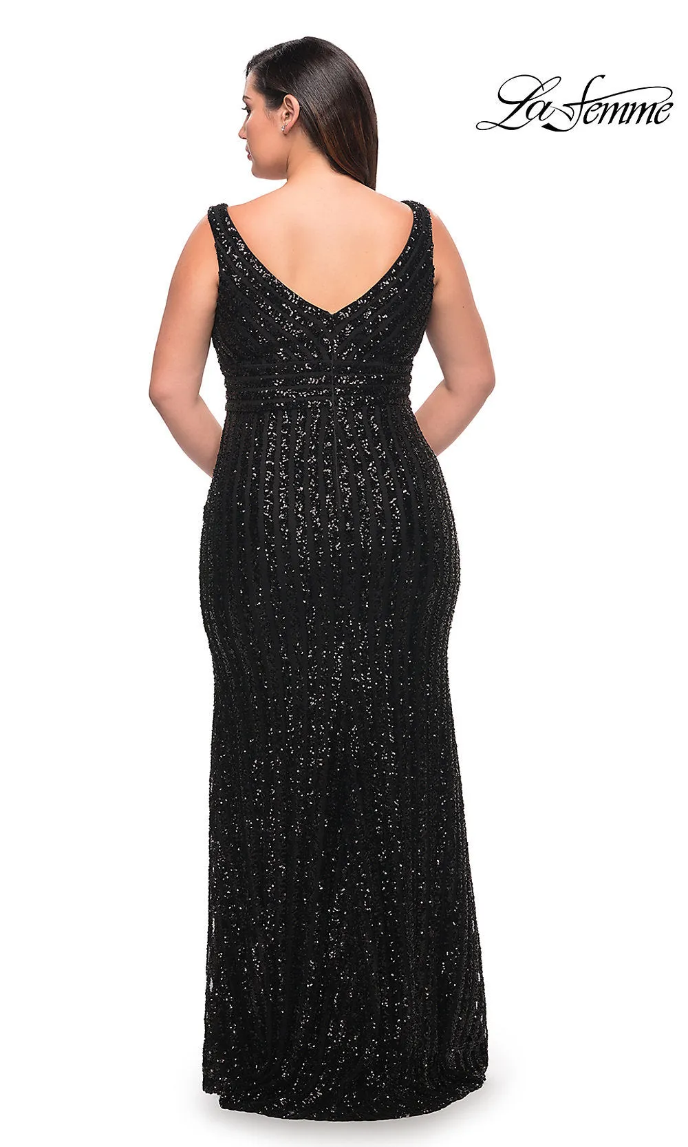 La Femme Striped Sequin Long Plus-Size Prom Dress
