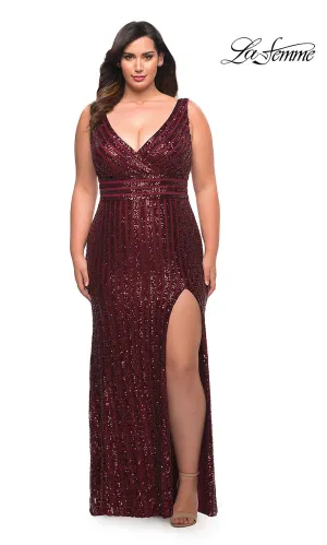 La Femme Striped Sequin Long Plus-Size Prom Dress
