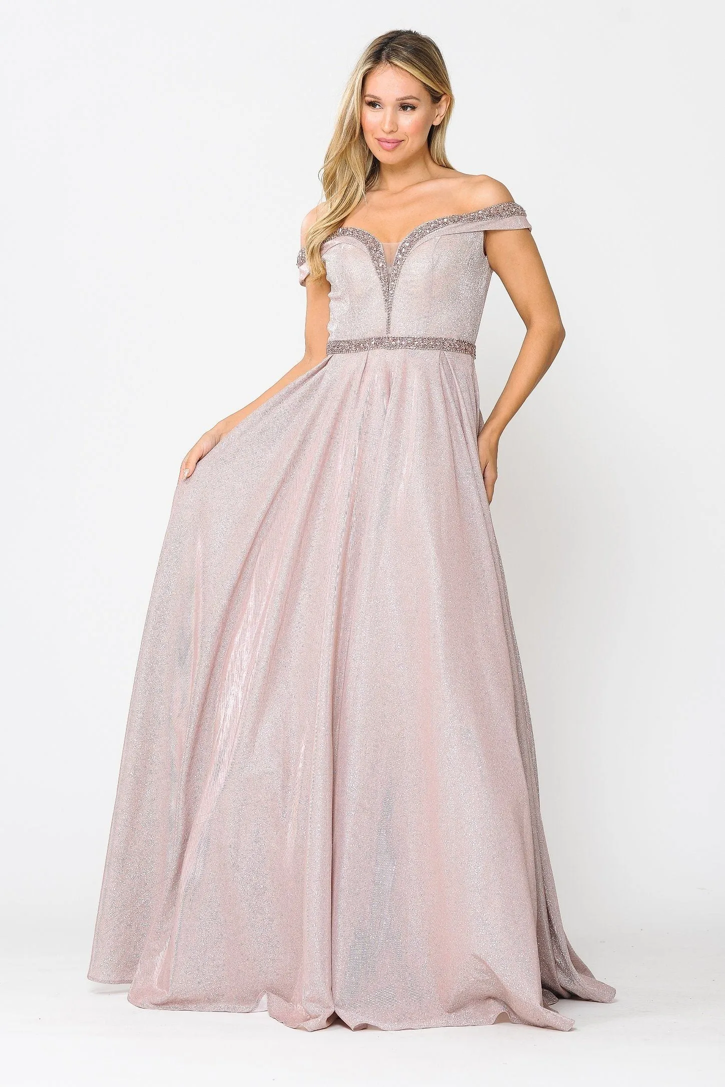 Long Metallic Glitter Off Shoulder Dress by Poly USA 8664