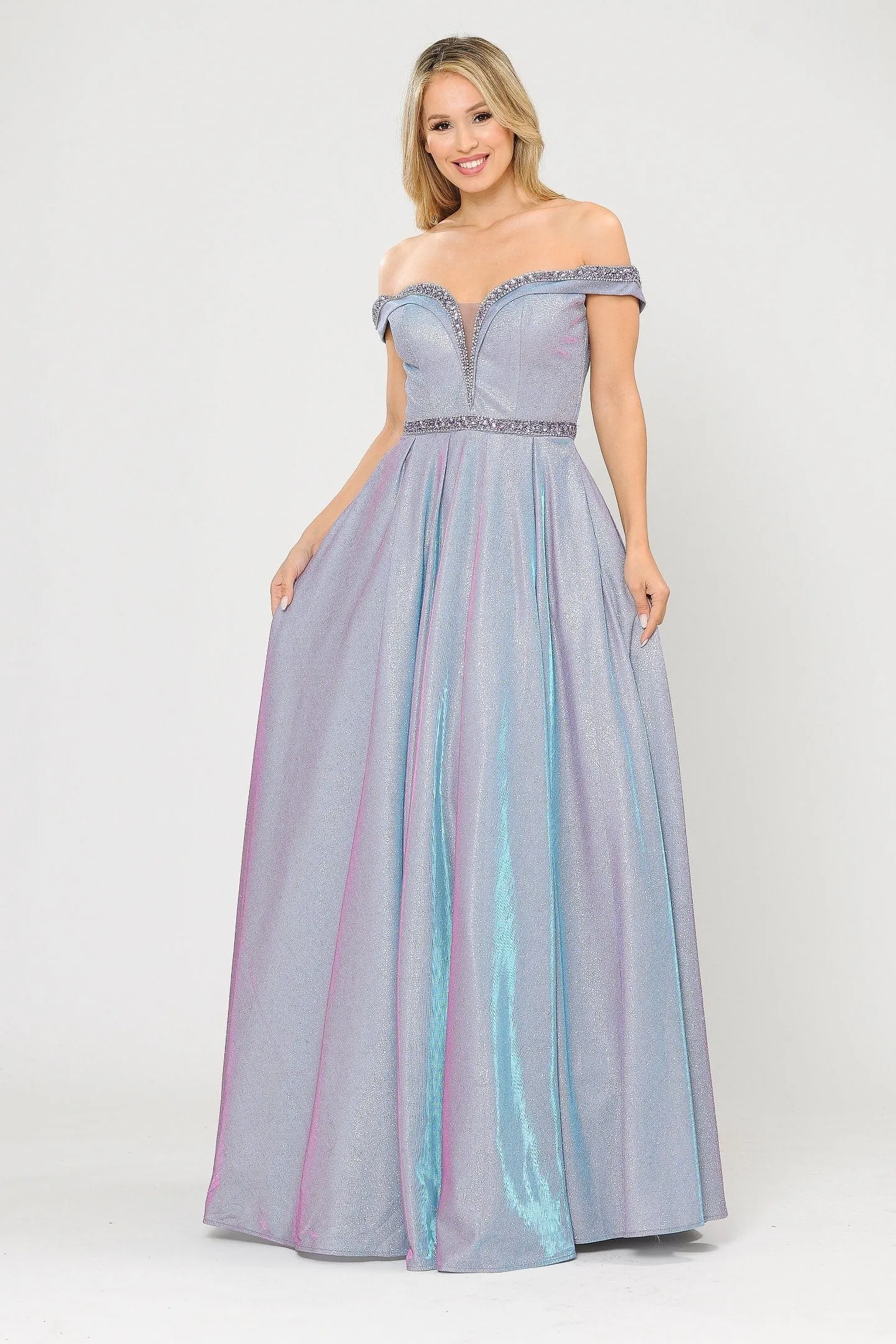 Long Metallic Glitter Off Shoulder Dress by Poly USA 8664