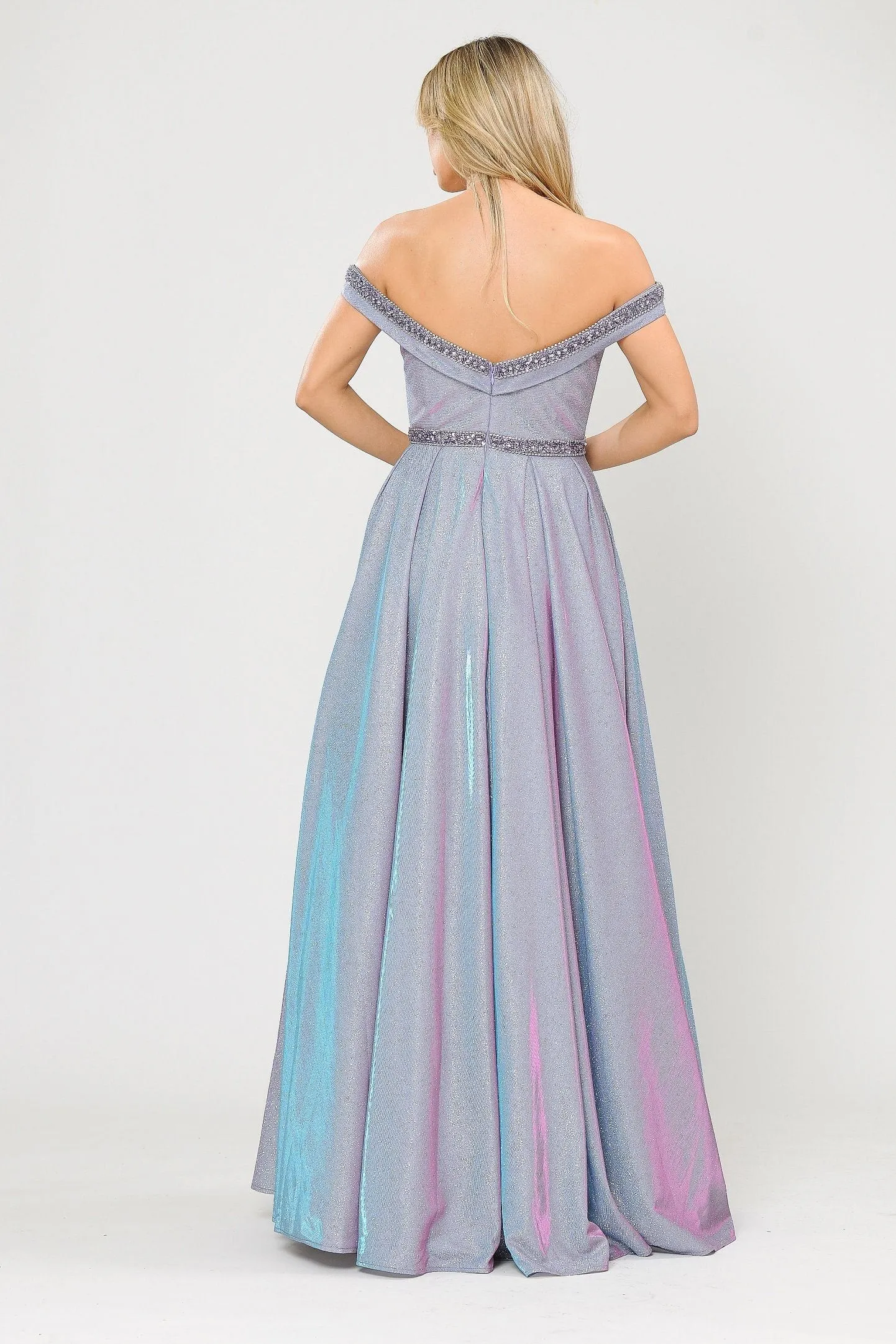 Long Metallic Glitter Off Shoulder Dress by Poly USA 8664