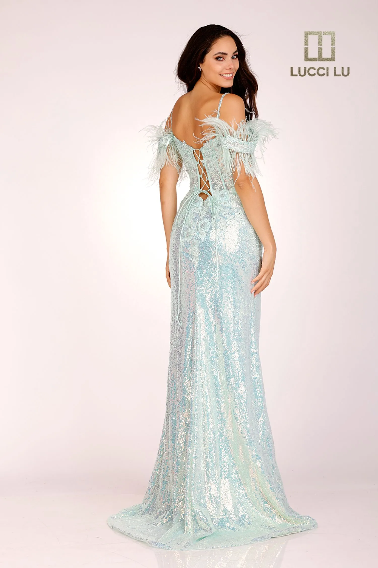 Lucci Lu 1282 Size 0 Light Green Long Fitted Sequin Sheer Lace Feather off the Shoulder Prom Dress Formal Gown Corset Back