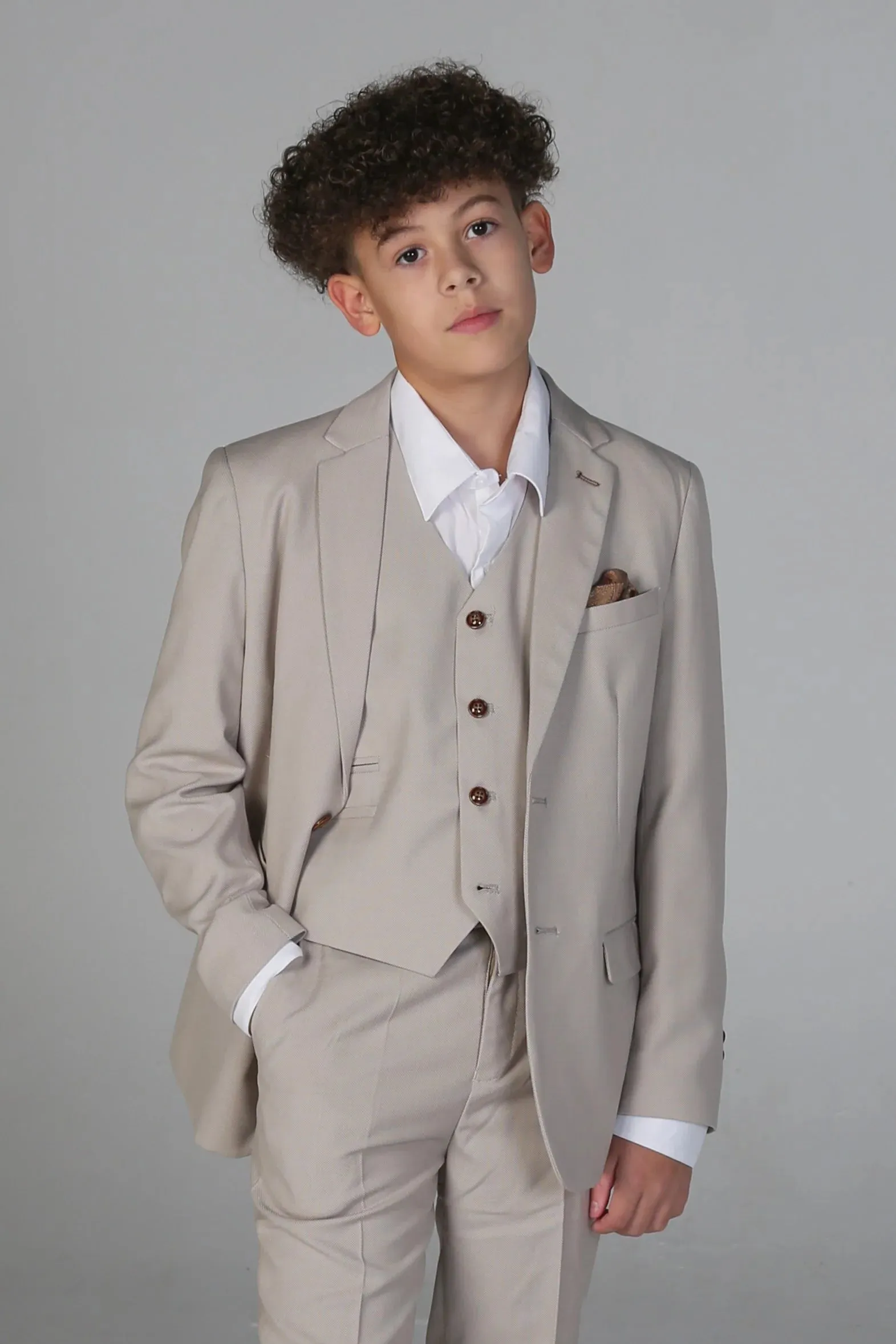 Mayfair - Boys Stone 3 Piece Classic Birdseye Wedding Suit