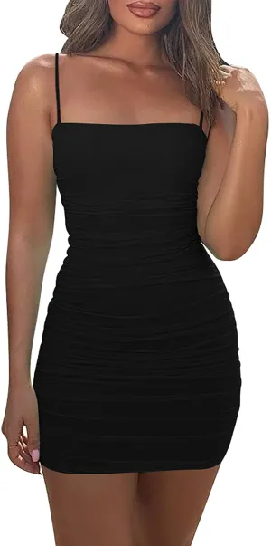 Mizoci Women's Sexy Sleeveless Ruched Spaghetti Strap Bodycon Mini Club Party Dress
