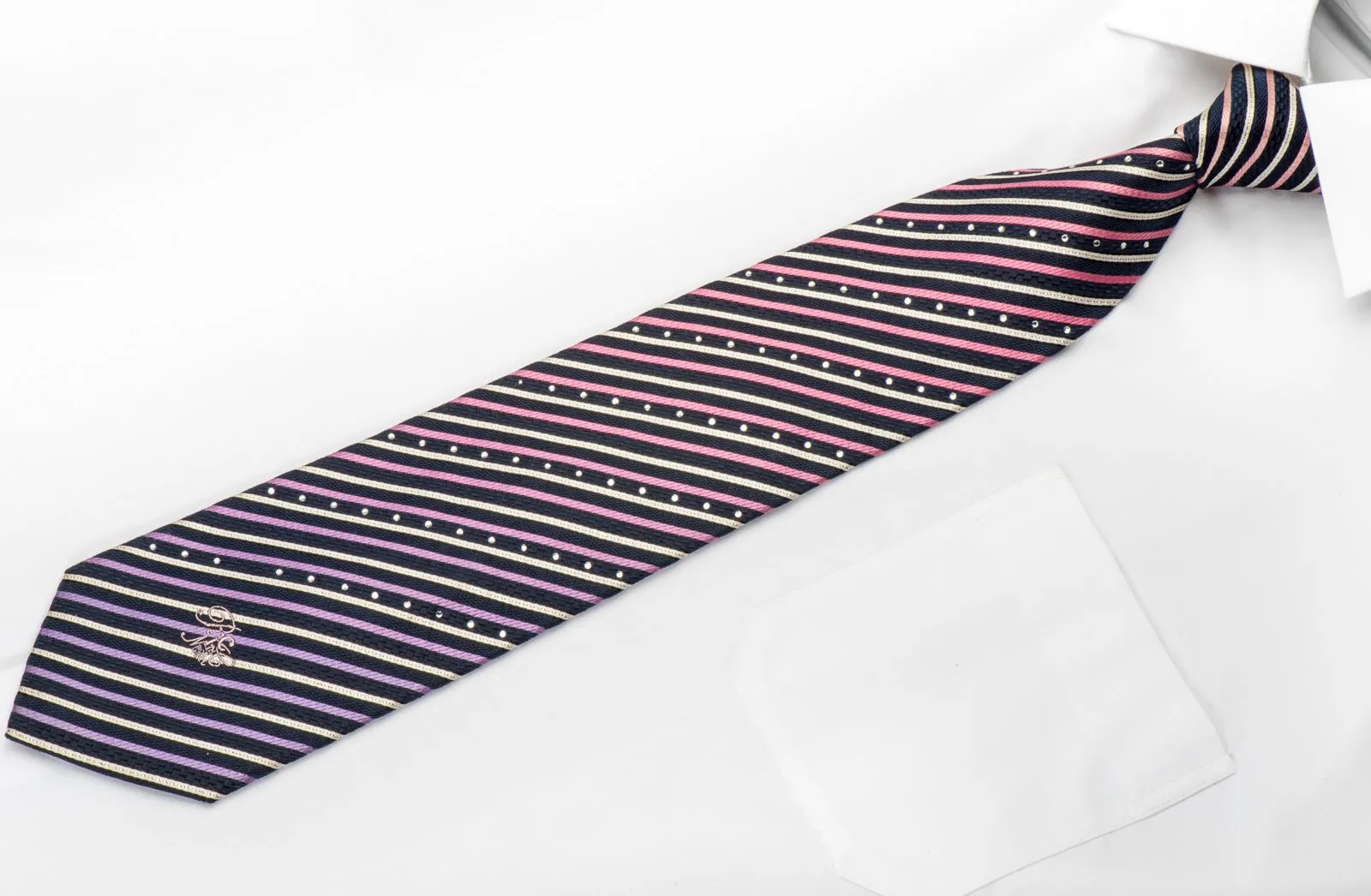 Nina Ricci Mens Rhinestone Tie Pink Silver Striped On Navy Blue With Silver Sparkles