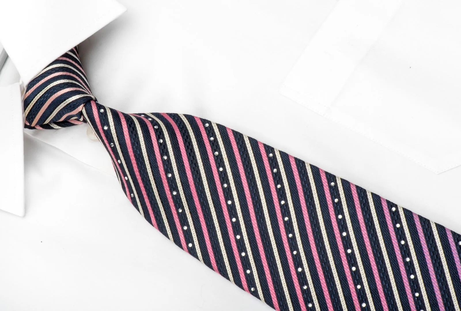 Nina Ricci Mens Rhinestone Tie Pink Silver Striped On Navy Blue With Silver Sparkles