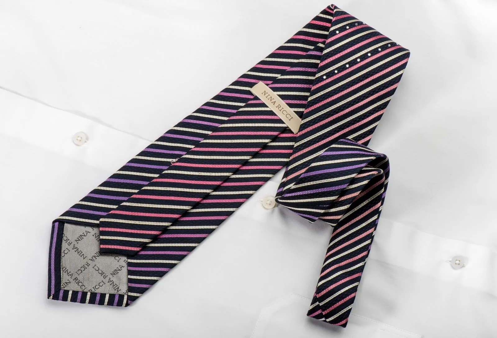 Nina Ricci Mens Rhinestone Tie Pink Silver Striped On Navy Blue With Silver Sparkles