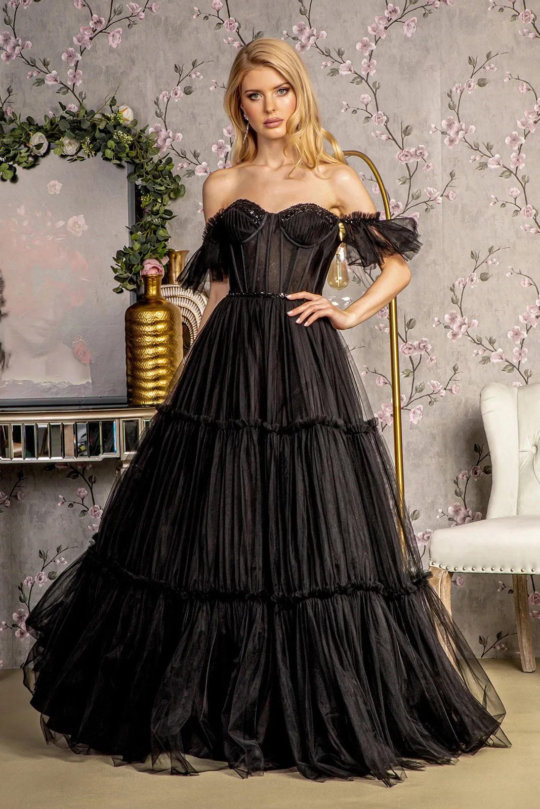 Off Shoulder Sheer Corset Tiered Gown by GLS Gloria GL3453