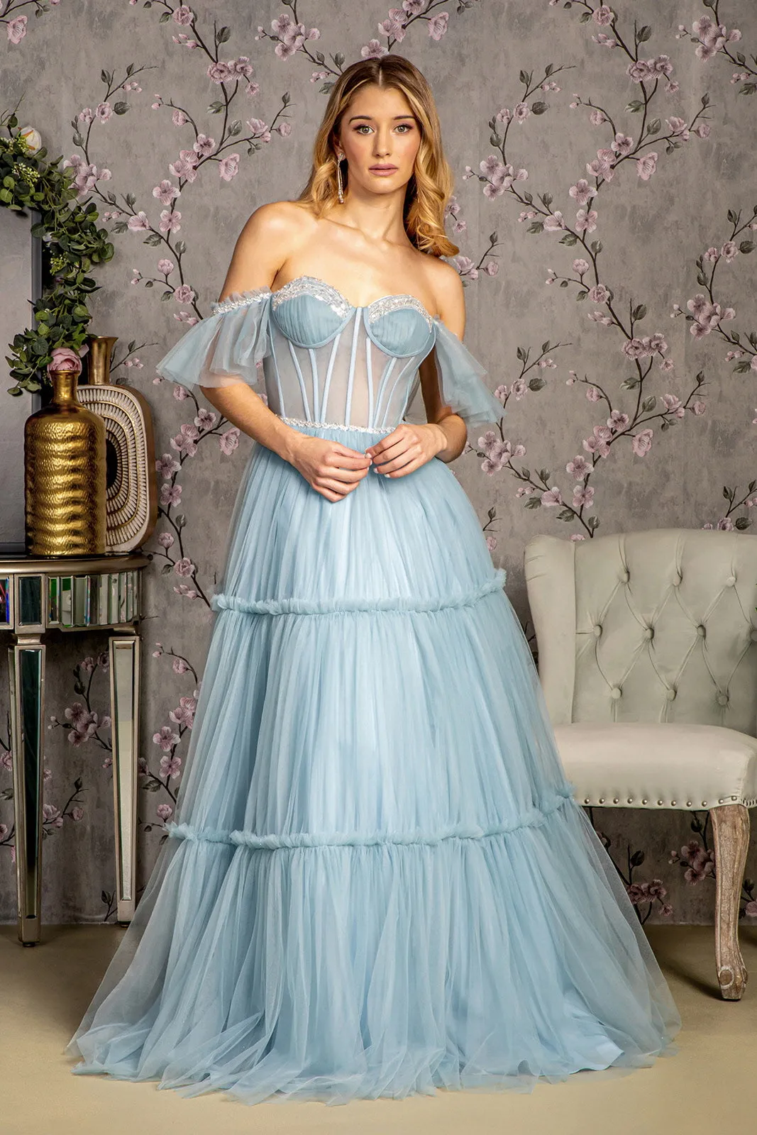 Off Shoulder Sheer Corset Tiered Gown by GLS Gloria GL3453