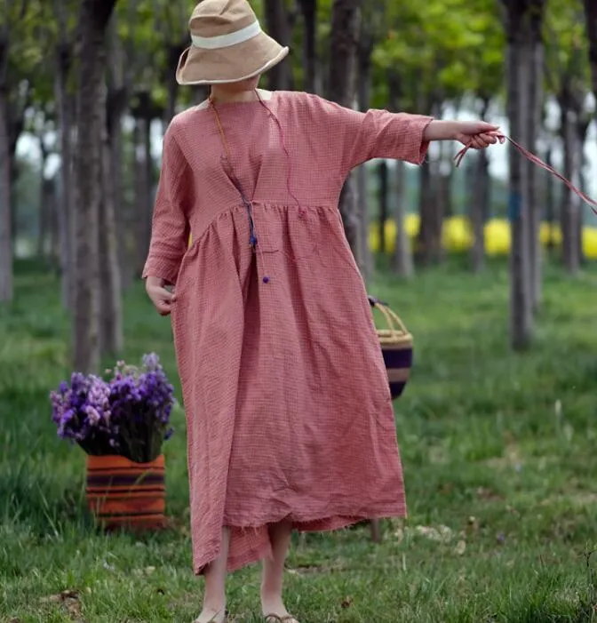 Pink Plaid Linen Long Sleeve Dress Loose Women Dress SJP9201229