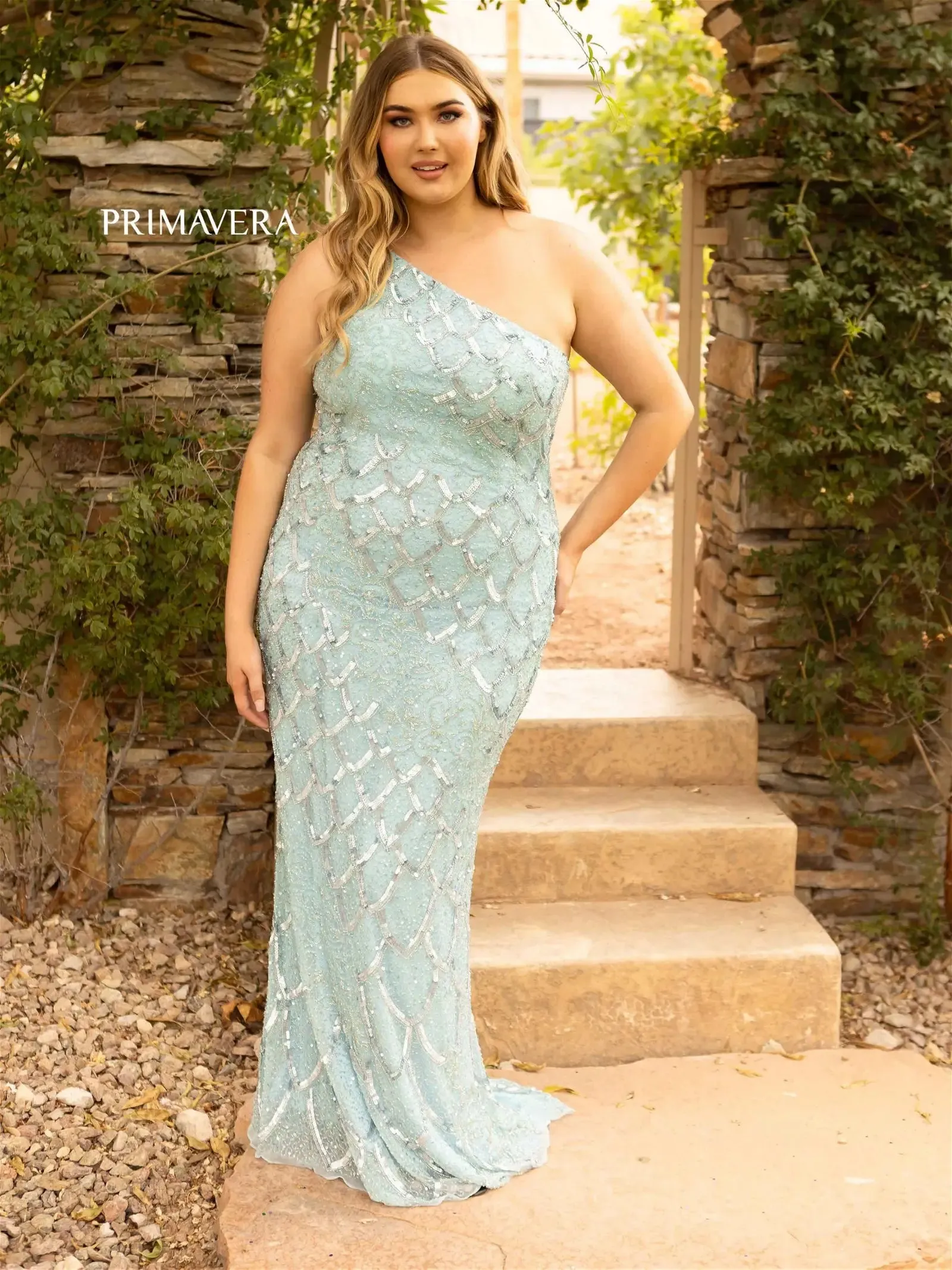 Primavera Couture 14002 Size 18 Light Turquoise Long Beaded Sequin Plus Size One Shoulder Prom Dress Formal Gown