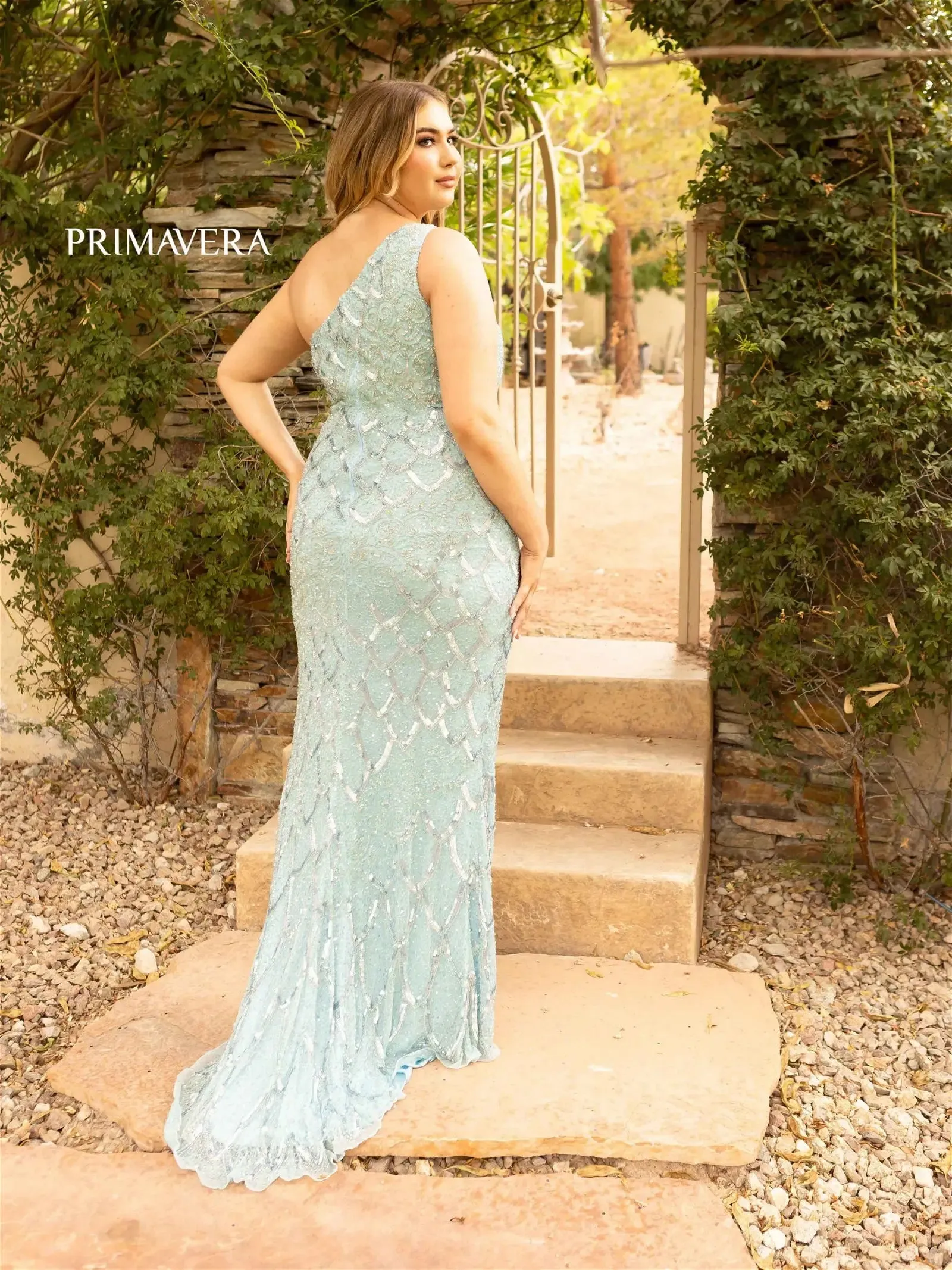 Primavera Couture 14002 Size 18 Light Turquoise Long Beaded Sequin Plus Size One Shoulder Prom Dress Formal Gown