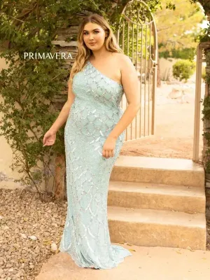 Primavera Couture 14002 Size 18 Light Turquoise Long Beaded Sequin Plus Size One Shoulder Prom Dress Formal Gown