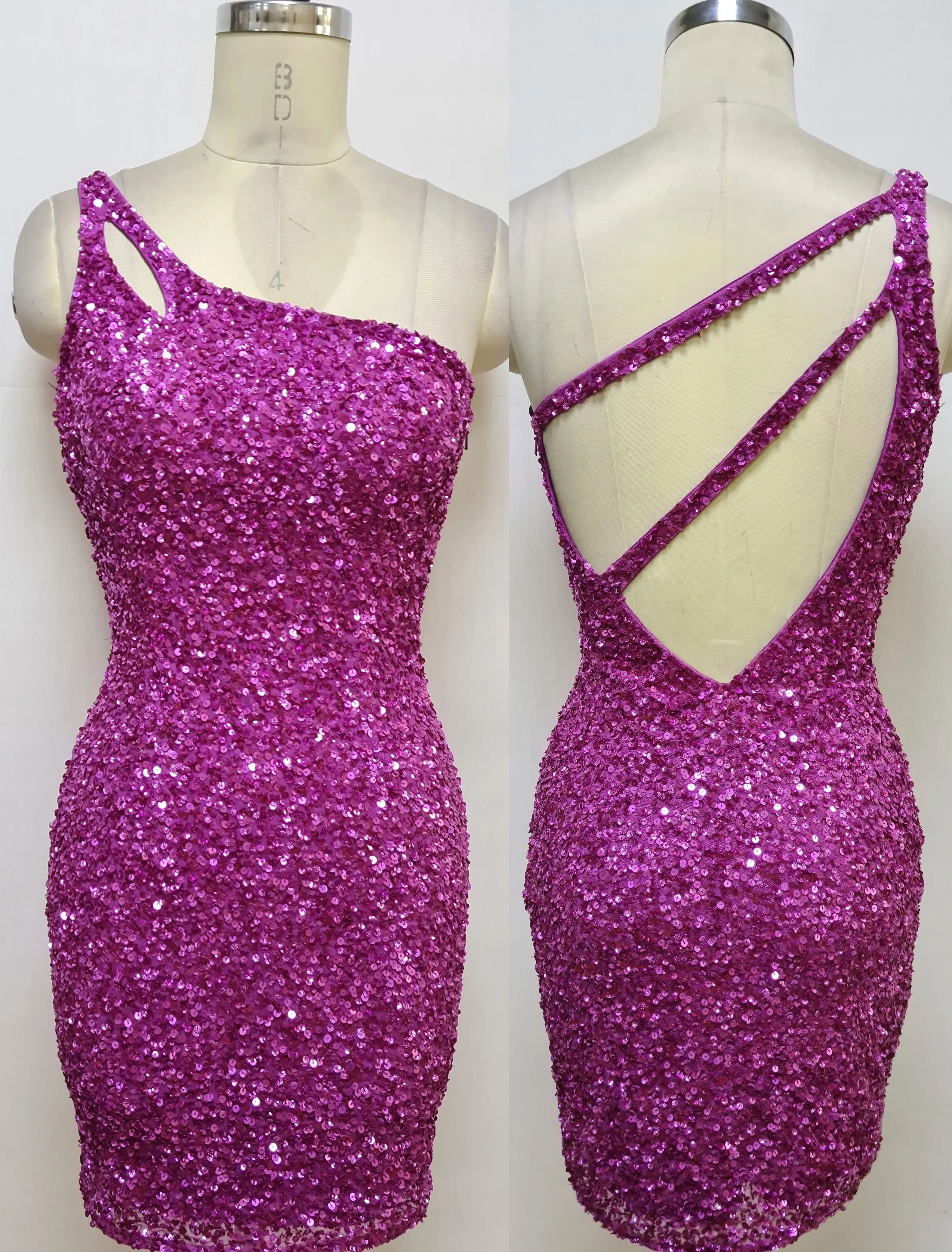 Primavera Couture 3573 Size 0, 6 Lilac Cocktail Dress One Shoulder Double Strap Fitted Sequins Backless