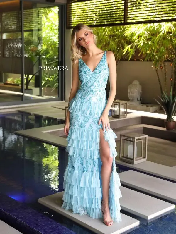 Primavera Couture 4106 Long Prom Dress Sequin Beaded Layered Ruffle High Slit Fitted Formal Pageant Gown