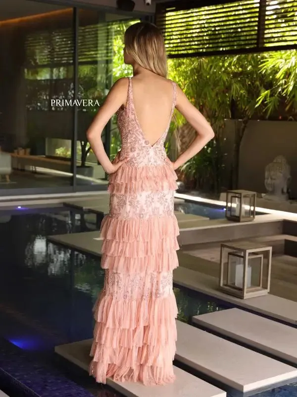 Primavera Couture 4106 Long Prom Dress Sequin Beaded Layered Ruffle High Slit Fitted Formal Pageant Gown
