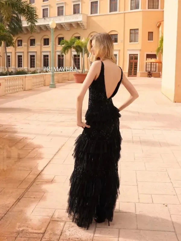 Primavera Couture 4106 Long Prom Dress Sequin Beaded Layered Ruffle High Slit Fitted Formal Pageant Gown
