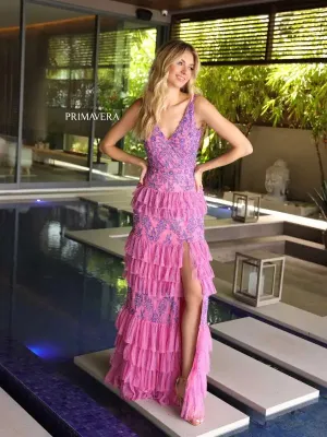 Primavera Couture 4106 Long Prom Dress Sequin Beaded Layered Ruffle High Slit Fitted Formal Pageant Gown