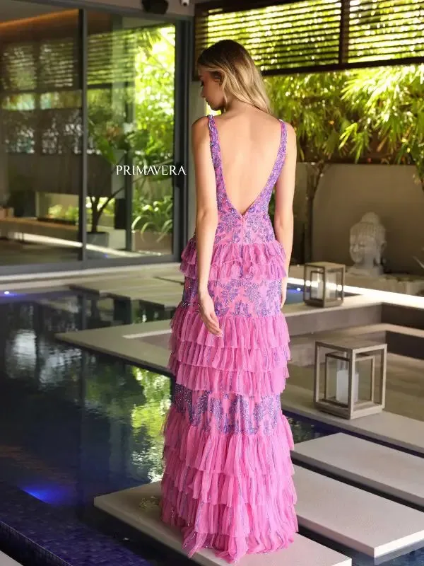 Primavera Couture 4106 Long Prom Dress Sequin Beaded Layered Ruffle High Slit Fitted Formal Pageant Gown