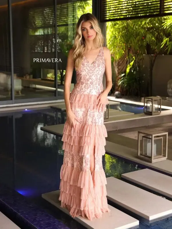 Primavera Couture 4106 Long Prom Dress Sequin Beaded Layered Ruffle High Slit Fitted Formal Pageant Gown