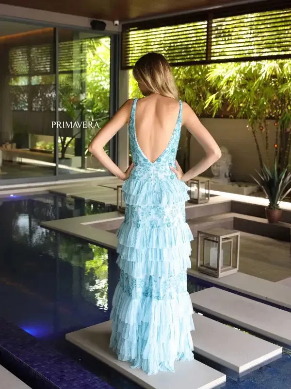 Primavera Couture 4106 Long Prom Dress Sequin Beaded Layered Ruffle High Slit Fitted Formal Pageant Gown