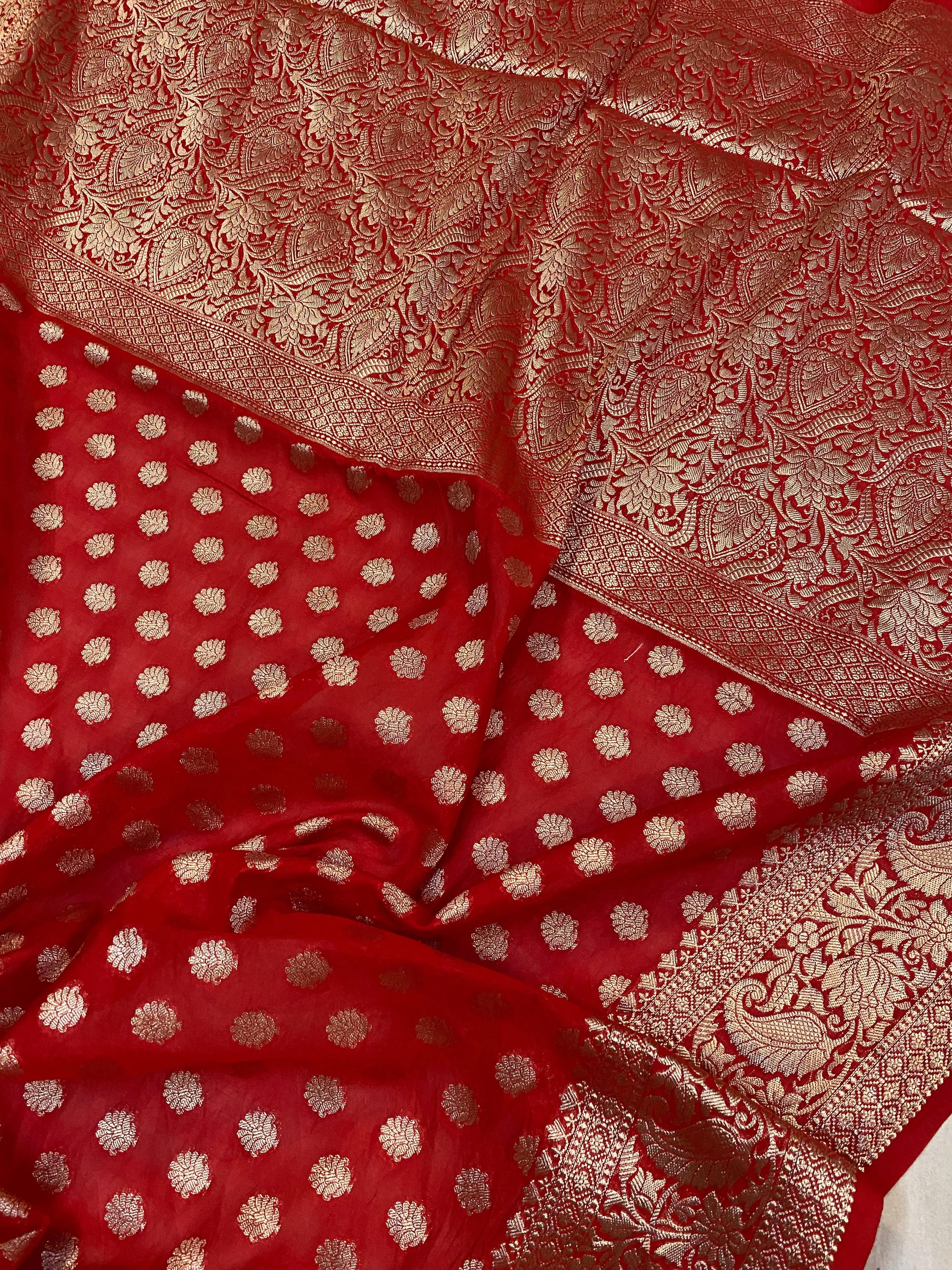 Red Handloom Cotton Silk Banarasi Sari