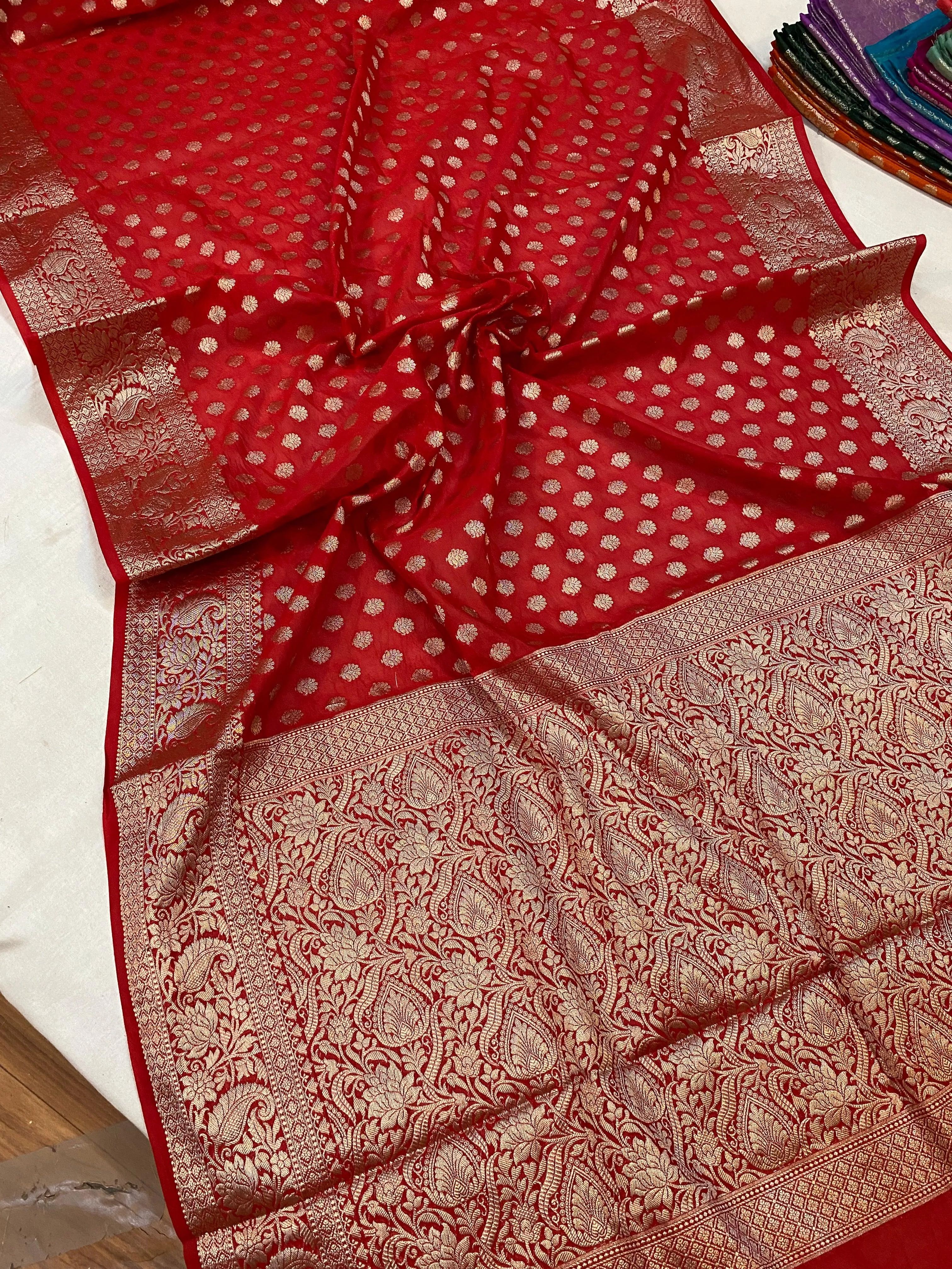 Red Handloom Cotton Silk Banarasi Sari