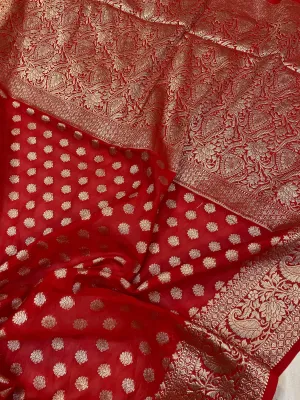 Red Handloom Cotton Silk Banarasi Sari
