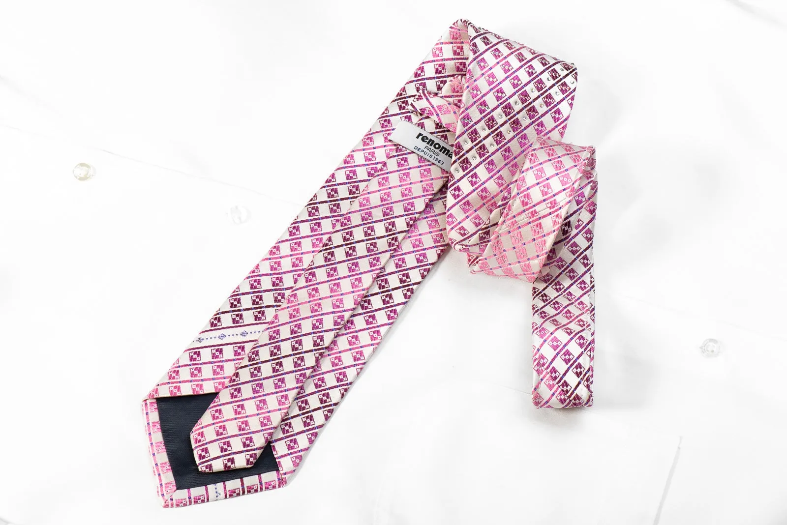 Renoma Men's Crystal Silk Necktie Pink Geometric & Striped On White With Purple Sparkles