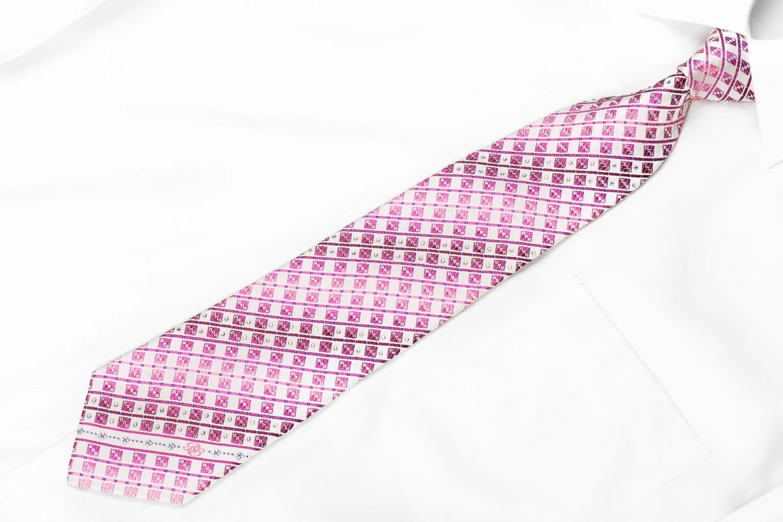 Renoma Men's Crystal Silk Necktie Pink Geometric & Striped On White With Purple Sparkles