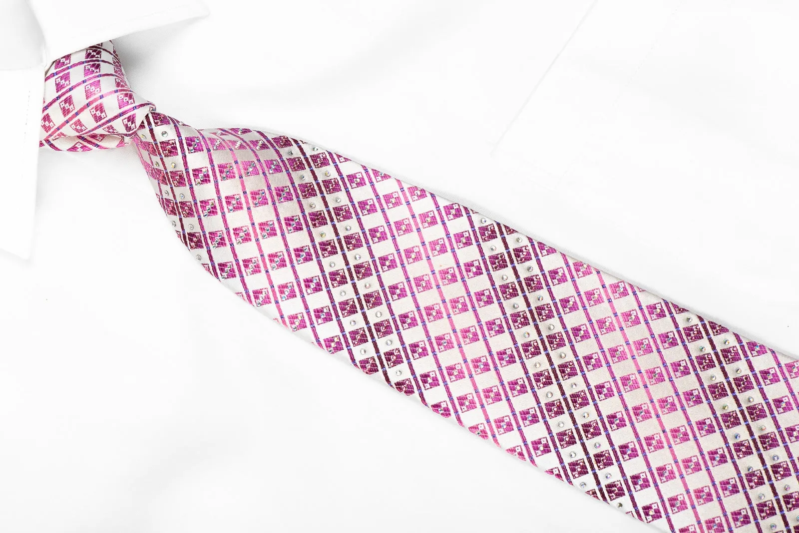 Renoma Men's Crystal Silk Necktie Pink Geometric & Striped On White With Purple Sparkles