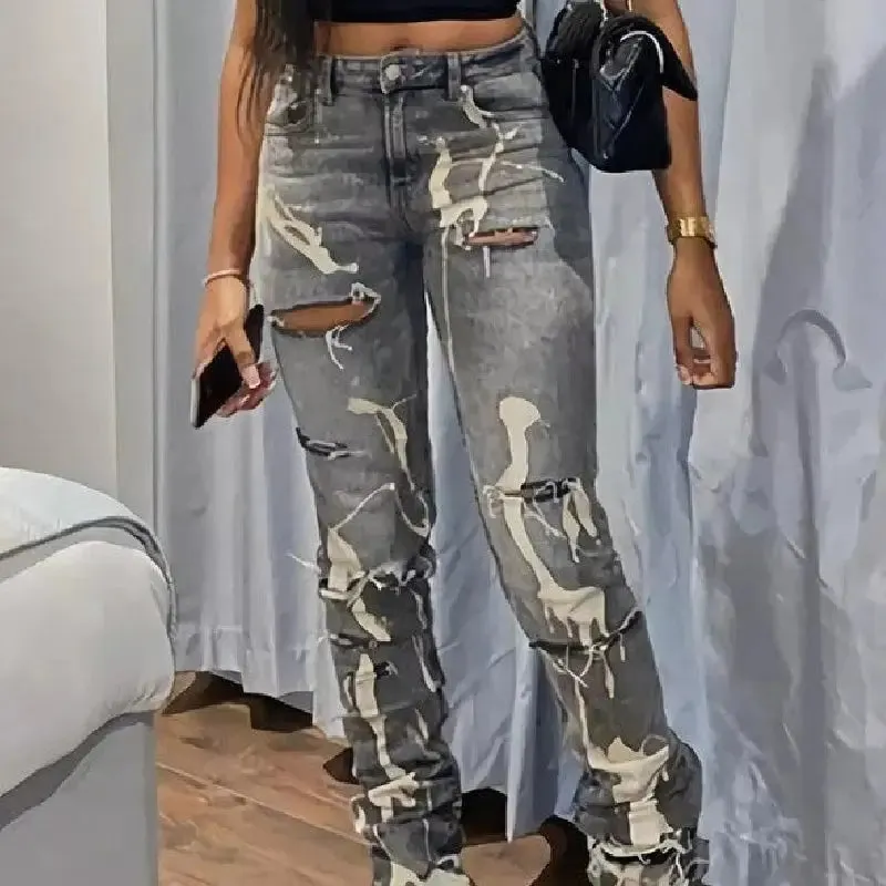 Ripped Denim Hole Stacked Jeans