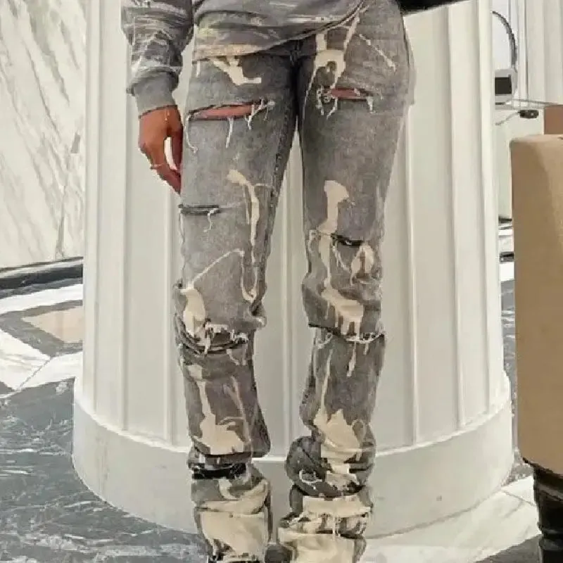 Ripped Denim Hole Stacked Jeans