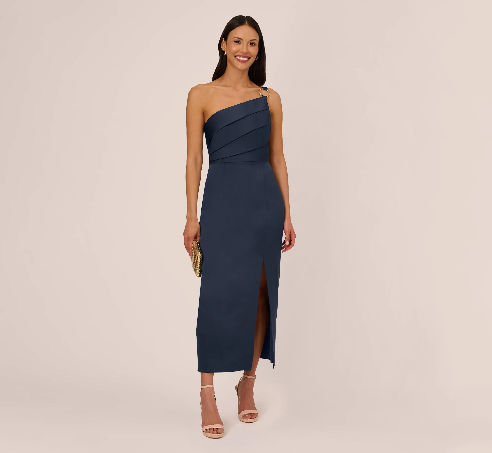 Satin Crepe One Shoulder Gown With Metal Ring Accent In Dark Navy