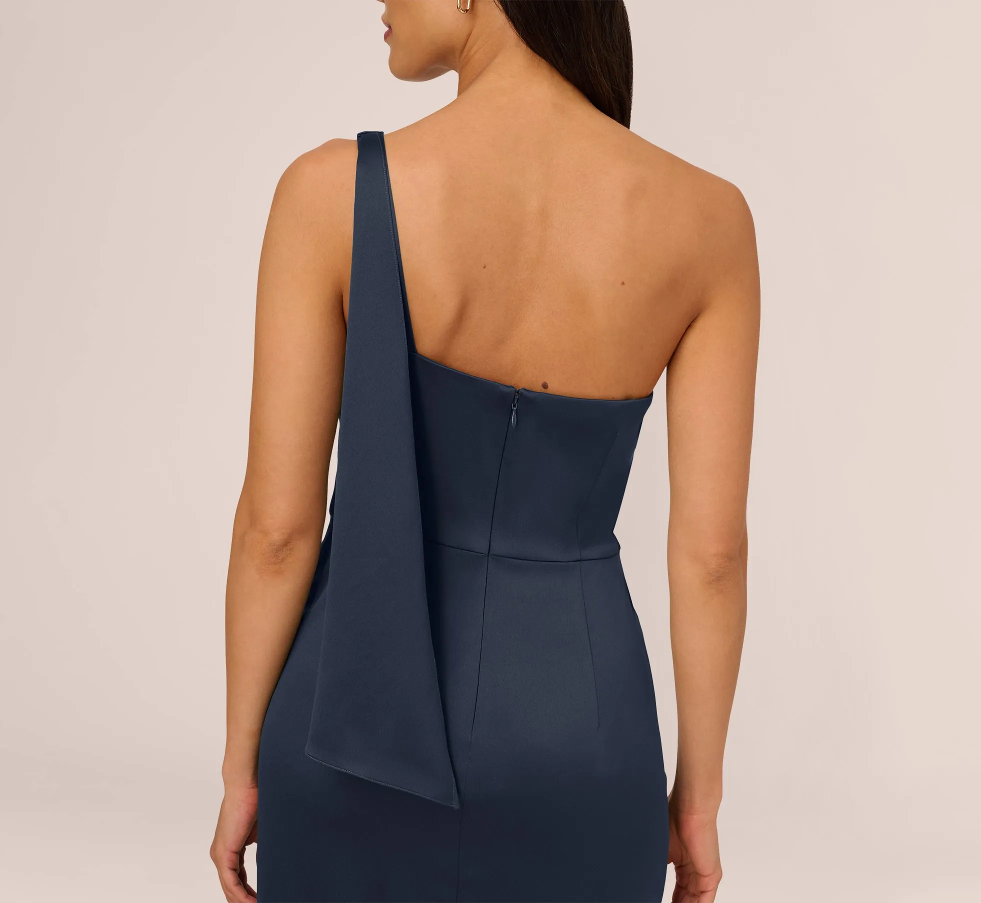 Satin Crepe One Shoulder Gown With Metal Ring Accent In Dark Navy