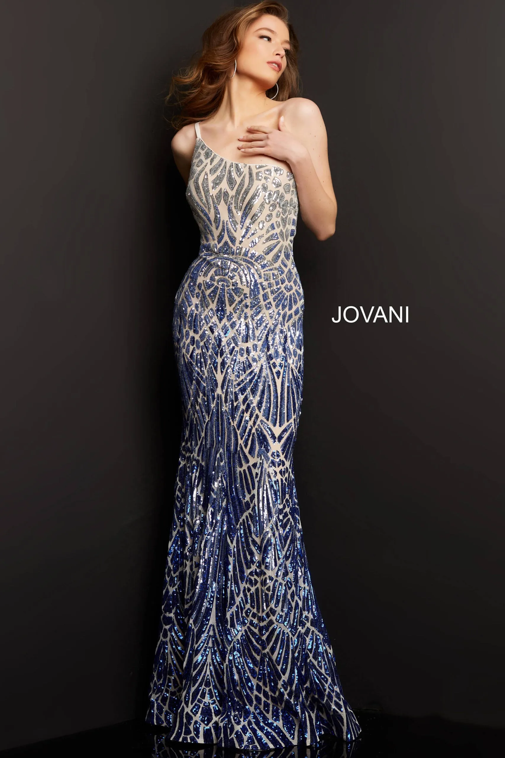 Sequin Fitted One Shoulder Gown by Jovani 06469