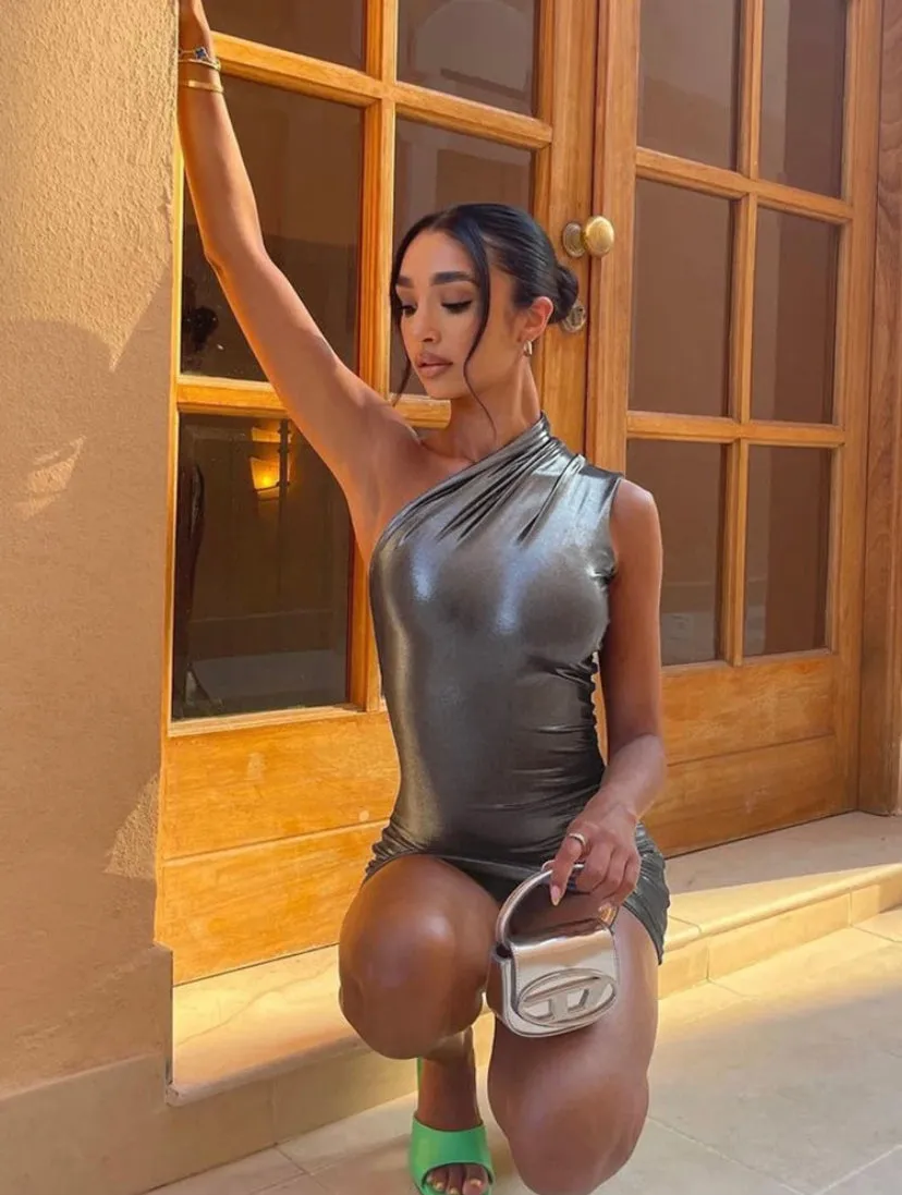 Shiny Elastic One Shoulder Mini Dress