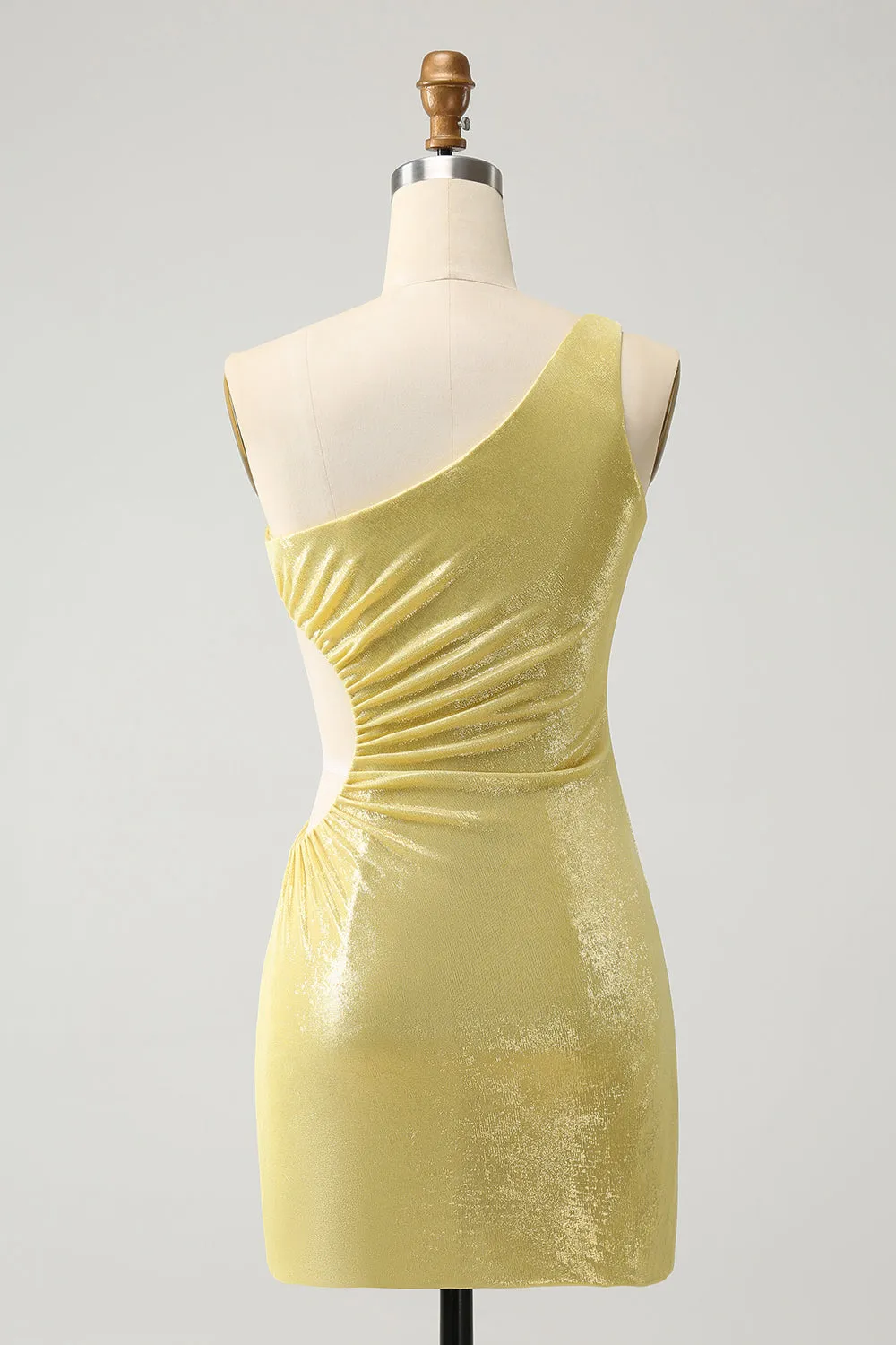 Sparkly Yellow Bodycon One Shoulder Hollow Out Pleated Metallic Homecoming Dress