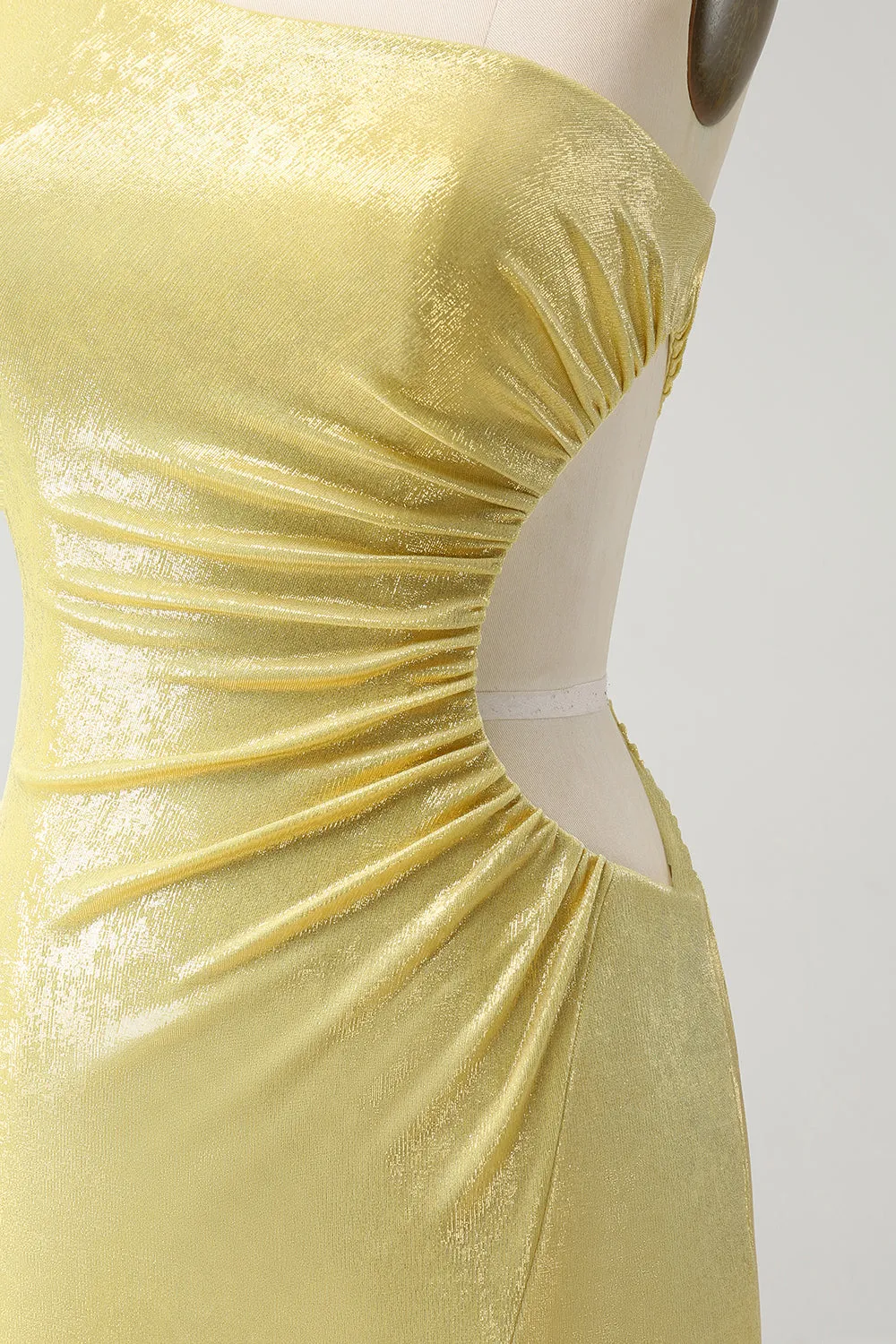 Sparkly Yellow Bodycon One Shoulder Hollow Out Pleated Metallic Homecoming Dress